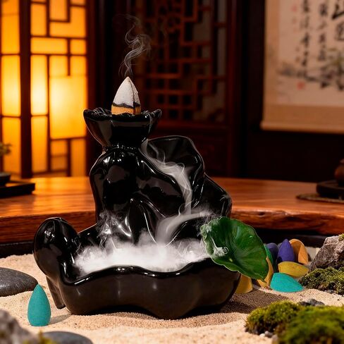 STRN Backflow Incense Cones with Burner for Waterfall, 8 Scented Incense Cone 24 PCS, Sandalwood, Agarwood, Jasmine, Lavender, Backflow Smoke Burning Cone Incense Bulks for Home Fragrance, Bathroom in Saudi Arabia