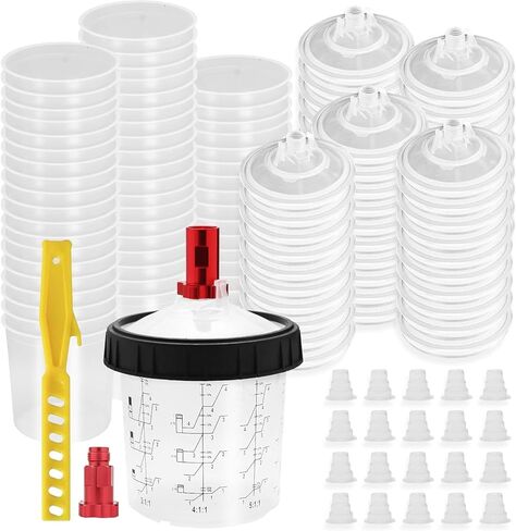 DAXINYANG Disposable Paint Mixing Cup for Automotive Paint Gun, Air Paint Sprayer Gun Cups with Cup Adapter 20 Ounce (600ml) Kit - 50 Cups&Lids, 20 Plugs,1 Hard Cup, 1 Cup Adapter, 1 Paint Stirrer in Kuwait