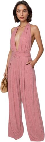 2026 Wide Leg Jumpsuits for Women Summer Sexy One Piece Jumpsuit Sleeveless Deep V Neck Halter Romper with Pockets in Saudi Arabia