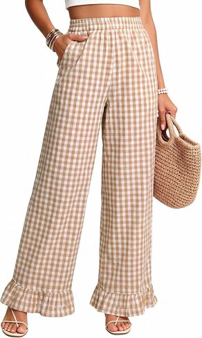 Womens Gingham Pants Cotton Cute Ruffle Hem Plaid Bottoms Wide Leg Y2k Elastic Waist Lounge Loose Trouser with Pockets in Saudi Arabia