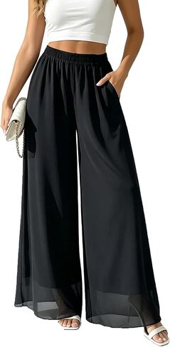Women's Wide Leg Palazzo Pants Chiffon High Waist Flowy Casual Summer Boho Trouser with Pockets in Kuwait