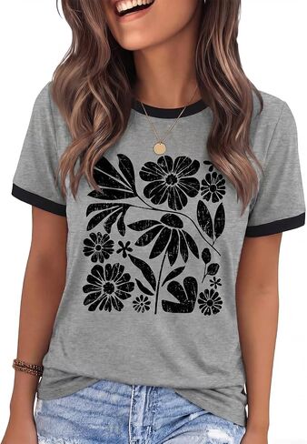 Vintage Floral Shirts Women Boho Wildflowers T-Shirt Flower Graphic Tees Summer Short Sleeve Casual Tops in Saudi Arabia