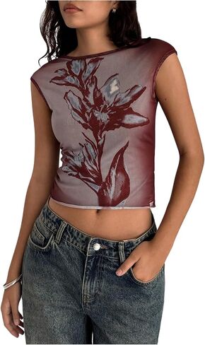 WDIRARA Women's Floral Dolman Cap Sleeve T Shirts Going Out Mesh Tee Top in Saudi Arabia