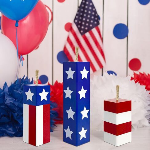 4th of July Fireworks Decorations for Indoor 3 PCS, Fourth of July Patriotic Wooden Firecracker Decor for Home Table Top Office, 250th Anniversary Memorial Independence Day Red White Blue Gifts Signs in Saudi Arabia
