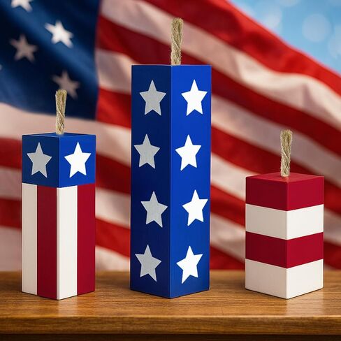 4th of July Fireworks Decorations for Indoor 3 PCS, Fourth of July Patriotic Wooden Firecracker Decor for Home Table Top Office, 250th Anniversary Memorial Independence Day Red White Blue Gifts Signs in Saudi Arabia