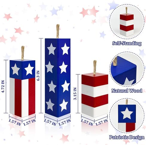 4th of July Fireworks Decorations for Indoor 3 PCS, Fourth of July Patriotic Wooden Firecracker Decor for Home Table Top Office, 250th Anniversary Memorial Independence Day Red White Blue Gifts Signs in Saudi Arabia