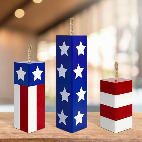 4th of July Fireworks Decorations for Indoor 3 PCS, Fourth of July Patriotic Wooden Firecracker Decor for Home Table Top Office, 250th Anniversary Memorial Independence Day Red White Blue Gifts Signs in Saudi Arabia