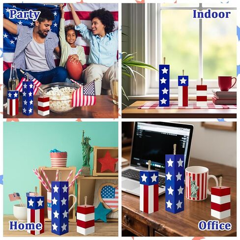 4th of July Fireworks Decorations for Indoor 3 PCS, Fourth of July Patriotic Wooden Firecracker Decor for Home Table Top Office, 250th Anniversary Memorial Independence Day Red White Blue Gifts Signs in Saudi Arabia