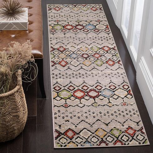 سجادة عداء من مجموعة SAFAVIEH Amsterdam - 2'3" x 8'، رمادي فاتح ومتعدد، تصميم بوهو مغربي، لا يتساقط ويسهل العناية به، مثالي للمناطق ذات حركة المرور العالية في غرفة المعيشة وغرفة النوم (AMS108G) in Kuwait
