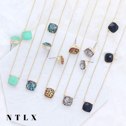 طقم قلادة وأقراط بطبعة جلد الفهد للنساء من NTLX - أحجار كريمة أكريليك أنيقة متطابقة مع قطع الوسادة - أحجار كريمة بسيطة ورقيقة - مطلية بالذهب عيار 14 قيراط - يتضمن صندوق هدايا in Kuwait