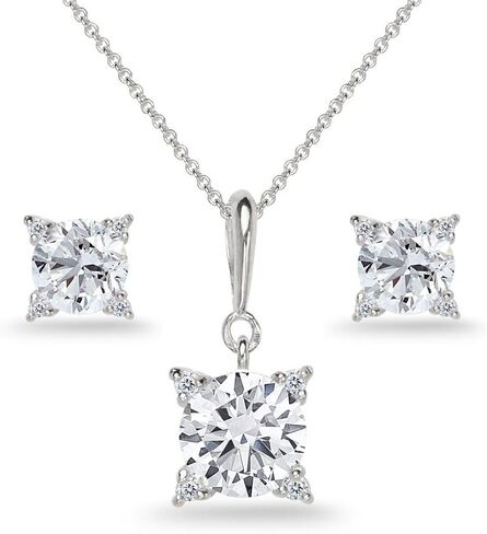 Sterling Silver Cubic Zirconia Studded Solitaire Necklace & Stud Earrings Set in Kuwait