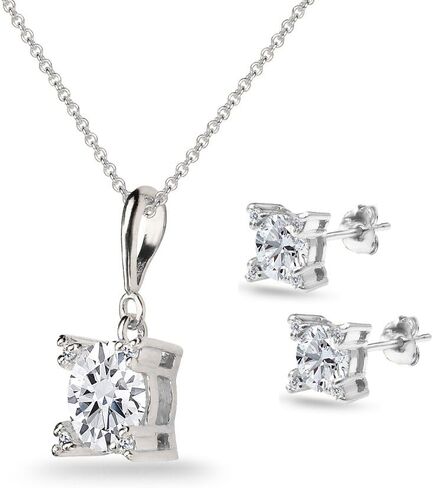 Sterling Silver Cubic Zirconia Studded Solitaire Necklace & Stud Earrings Set in Kuwait