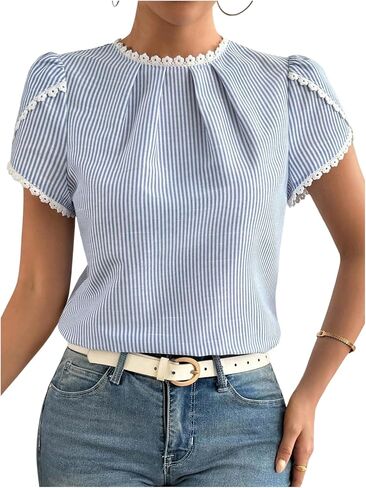 Milumia Women's Striped Lace Trim Blouse Cap Sleeve Tops Casual Business Dressy Shirt Work Outfits in Kuwait