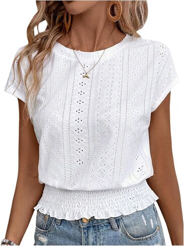 بلوزة نسائية من Milumia مطرزة بتصميم بوهو وأكمام قصيرة وخصر مكشوف، ملابس صيفية بيضاء صغيرة in Kuwait