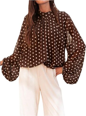 Verdusa Women's Chiffon Polka Dots Blouse Long Sleeve Top Mock Neck Blouses Brunch Outfits in Kuwait