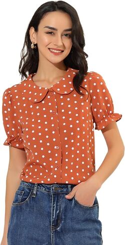 Allegra K Women's Polka Dots Shirt Short Puff Sleeve Vintage Button Up Peter Pan Collar Blouse Tops in Saudi Arabia