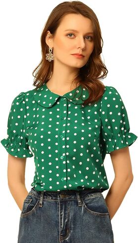 Allegra K Women's Polka Dots Shirt Short Puff Sleeve Vintage Button Up Peter Pan Collar Blouse Tops in Saudi Arabia
