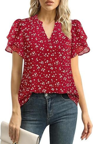 Women's Chiffon Blouses with Petal Puff Short Sleeve & V-Neck, Elegant Casual Summer Top for Office Commute Everyday Wear in Kuwait