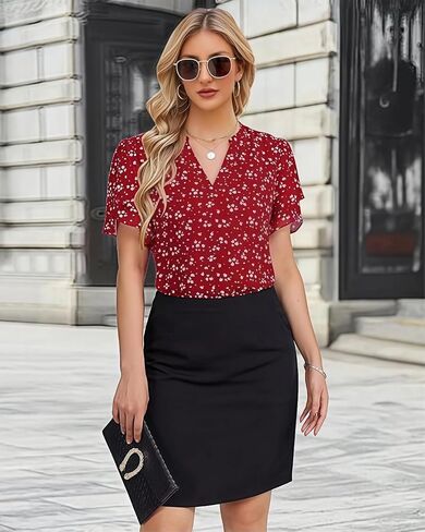 Women's Chiffon Blouses with Petal Puff Short Sleeve & V-Neck, Elegant Casual Summer Top for Office Commute Everyday Wear in Kuwait