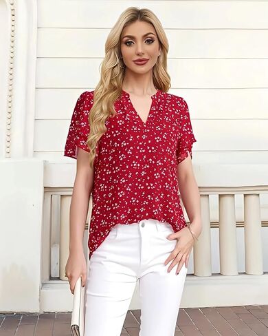 Women's Chiffon Blouses with Petal Puff Short Sleeve & V-Neck, Elegant Casual Summer Top for Office Commute Everyday Wear in Kuwait