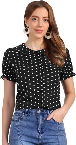 Allegra K Women's Polka Dots Shirt Short Puff Sleeve Vintage Button Up Peter Pan Collar Blouse Tops in Saudi Arabia