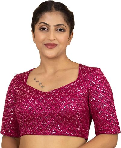 FIGURE'S DESIGNER Women's Sequin Embroidered Square V Neck Elbow Half Sleeve Readymade Saree Blouse in Saudi Arabia