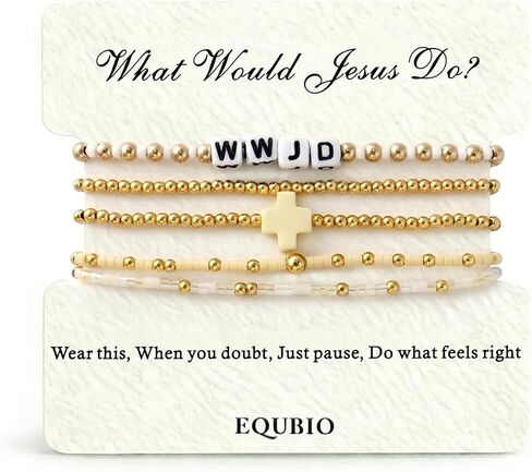 مجموعة أساور WWJD للنساء، مجوهرات مسيحية بخرز بذور مطلية بالذهب عيار 14 قيراط، أساور متقاطعة دينية ملونة قابلة للتكديس مصنوعة يدويًا، هدايا إيمانية ملهمة in Kuwait