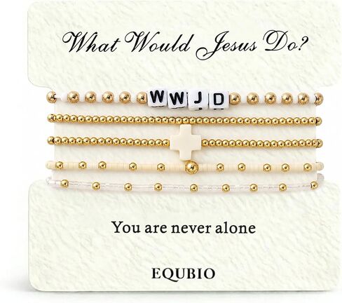 مجموعة أساور WWJD للنساء، مجوهرات مسيحية بخرز بذور مطلية بالذهب عيار 14 قيراط، أساور متقاطعة دينية ملونة قابلة للتكديس مصنوعة يدويًا، هدايا إيمانية ملهمة in Kuwait