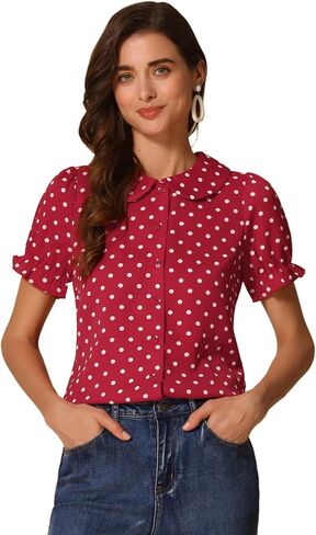 Allegra K Women's Polka Dots Shirt Short Puff Sleeve Vintage Button Up Peter Pan Collar Blouse Tops in Saudi Arabia