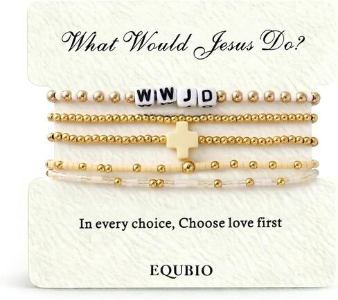 مجموعة أساور WWJD للنساء، مجوهرات مسيحية بخرز بذور مطلية بالذهب عيار 14 قيراط، أساور متقاطعة دينية ملونة قابلة للتكديس مصنوعة يدويًا، هدايا إيمانية ملهمة in Kuwait