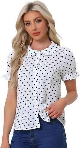 Allegra K Women's Polka Dots Shirt Short Puff Sleeve Vintage Button Up Peter Pan Collar Blouse Tops in Saudi Arabia