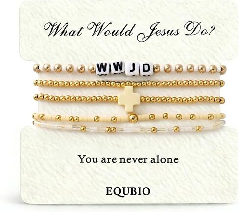 مجموعة أساور WWJD للنساء، مجوهرات مسيحية بخرز بذور مطلية بالذهب عيار 14 قيراط، أساور متقاطعة دينية ملونة قابلة للتكديس مصنوعة يدويًا، هدايا إيمانية ملهمة in Kuwait