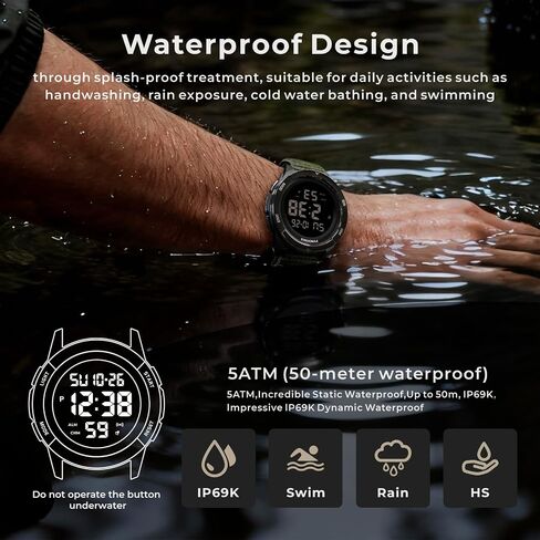 PINDOWS Men's Digital Sports Watch, Large Face Military Tactical Wristwatch for Men, 50M Waterproof, LED Backlight, Alarm, Stopwatch, Rugged Outdoor Watch for Running, Work and Gym in Saudi Arabia