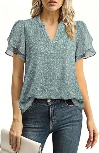Women's Chiffon Blouses with Petal Puff Short Sleeve & V-Neck, Elegant Casual Summer Top for Office Commute Everyday Wear in Kuwait