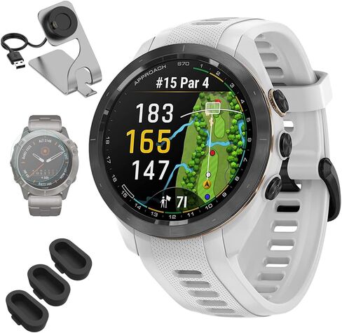 Garmin 010-02746-00 Approach S70 42 mm Premium GPS Golf Watch, White Band Bundle with Deco Essentials Charging Dock, 3X Silicone Dust Cover and 1.4 Inch Screen Protector in Saudi Arabia