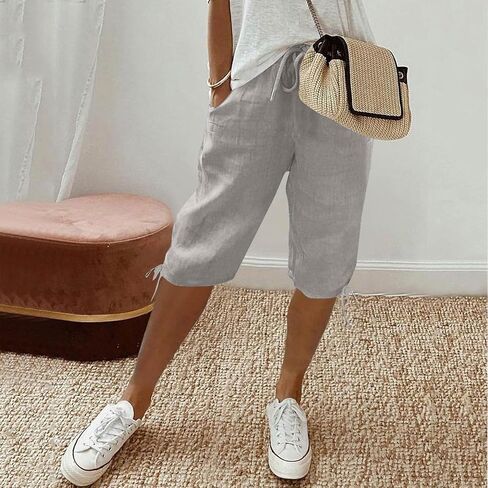 Linen Bermuda Shorts for Women Knee Length Drawstring Elastic Waist Shorts Casual Summer Pedal Pushers with Pockets in Kuwait
