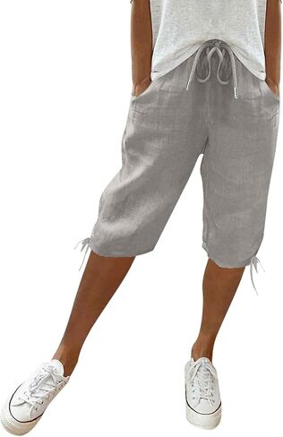 Linen Bermuda Shorts for Women Knee Length Drawstring Elastic Waist Shorts Casual Summer Pedal Pushers with Pockets in Kuwait