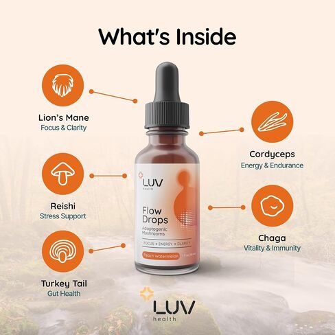 Flow Drops LUV Health Energy Supplement for Focus, Mental Clarity & Immune Support - Adaptogenic Mushrooms with Lion’s Mane, Cordyceps, Reishi, Chaga & Turkey Tail – Vegan, Made in USA 30 Servings in Kuwait