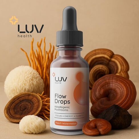 Flow Drops LUV Health Energy Supplement for Focus, Mental Clarity & Immune Support - Adaptogenic Mushrooms with Lion’s Mane, Cordyceps, Reishi, Chaga & Turkey Tail – Vegan, Made in USA 30 Servings in Kuwait