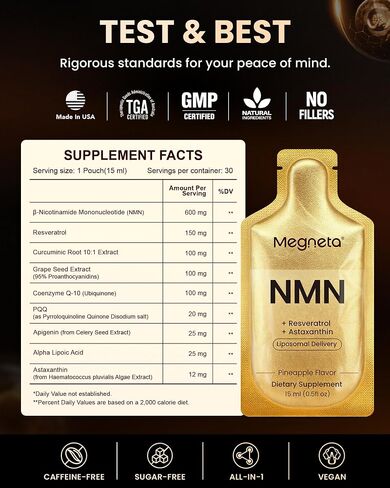 NMN 600mg Liposomal Liquid Pouches with Resveratrol 150mg, PQQ, CoQ10 & Astaxanthin-High Absorption NAD+ Supplement for Cellular Energy, Healthy Aging & Longevity - Vegan - 30 Servings in Saudi Arabia