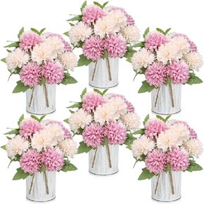 Pre-Made Flower Table Centerpieces, Set of 6 Artificial Silk Chrysanthemum with Farmhouse Metal Vases for Wedding, Birthday Parties, Home, Dining Table Decorations - Dusty Pink & Champagne in Saudi Arabia