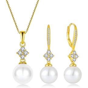 14K Gold Plated Pearl Earrings and Necklace Set for Women 925 Sterling Silver 5A Cubic Zirconia Pearl Jewelry for Her in Saudi Arabia