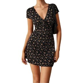 Naileksi Women Y2k V Neck Floral Mini Dress Boho Bow Front A-Line Dress Cute Summer Short Sleeve Beach Short Dress in Saudi Arabia