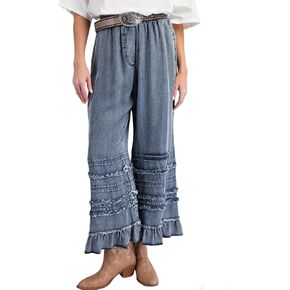 Women's Ruffle Hem High Waisted Denim Pants Tie Front Baggy Wide Leg Fringe Casual Boho Flowy Peplum Jeans in Kuwait