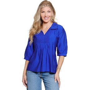 Ali Miles Women's Clothing | Woven Popover point Collar With Split Neck shirring Details in Saudi Arabia