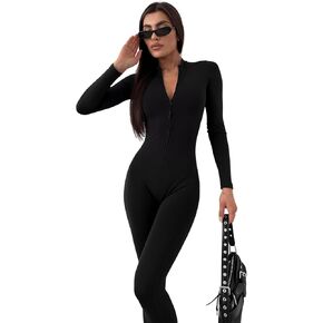 Women's Black Long Sleeve Zip-Up Jumpsuit - Compression Romper Bodysuit for Yoga Set in Kuwait