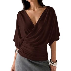 Women Draped Deep V Neck Batwing Half Sleeve Wrap Blouse Y2K Relaxed-Fit Ruched Waist Drop Shoulder T Shirt Top in Saudi Arabia