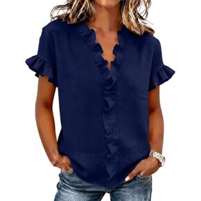 Cute Tops for Women Ruffle Trim Cotton Linen Gauze Shirts Short Sleeve V Neck Casual Loose Fit Dressy Blouses in Kuwait