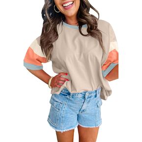 Chvity Womens Colorblock T-Shirt Crewneck Short Sleeve Pullover Spring Summer Casual Patchwork Tops Tees in Saudi Arabia