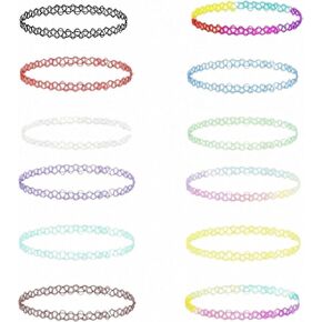 12PC Tattoo Choker Necklace Set- 90s Accessories 2000s Jewelry Fashion- Rainbow Goth Black White Blue Green Pink - Adjustable Stretchy Elastic Necklace for Women in Saudi Arabia